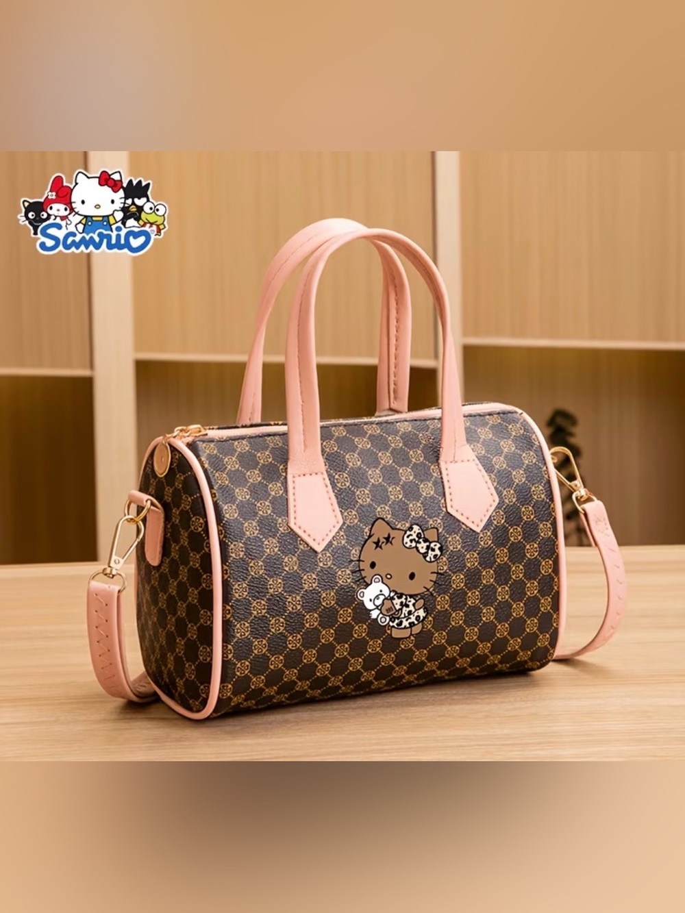 Pink-Trim Brown Patterned Satchel Handbag